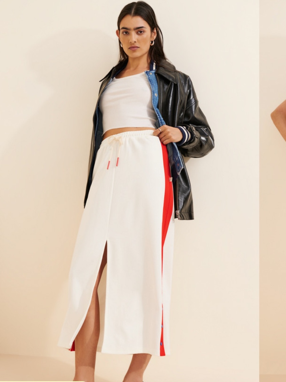 Ramona James Tiva side snap White Midi Skirt, Red Side Stripe and Front Slit M